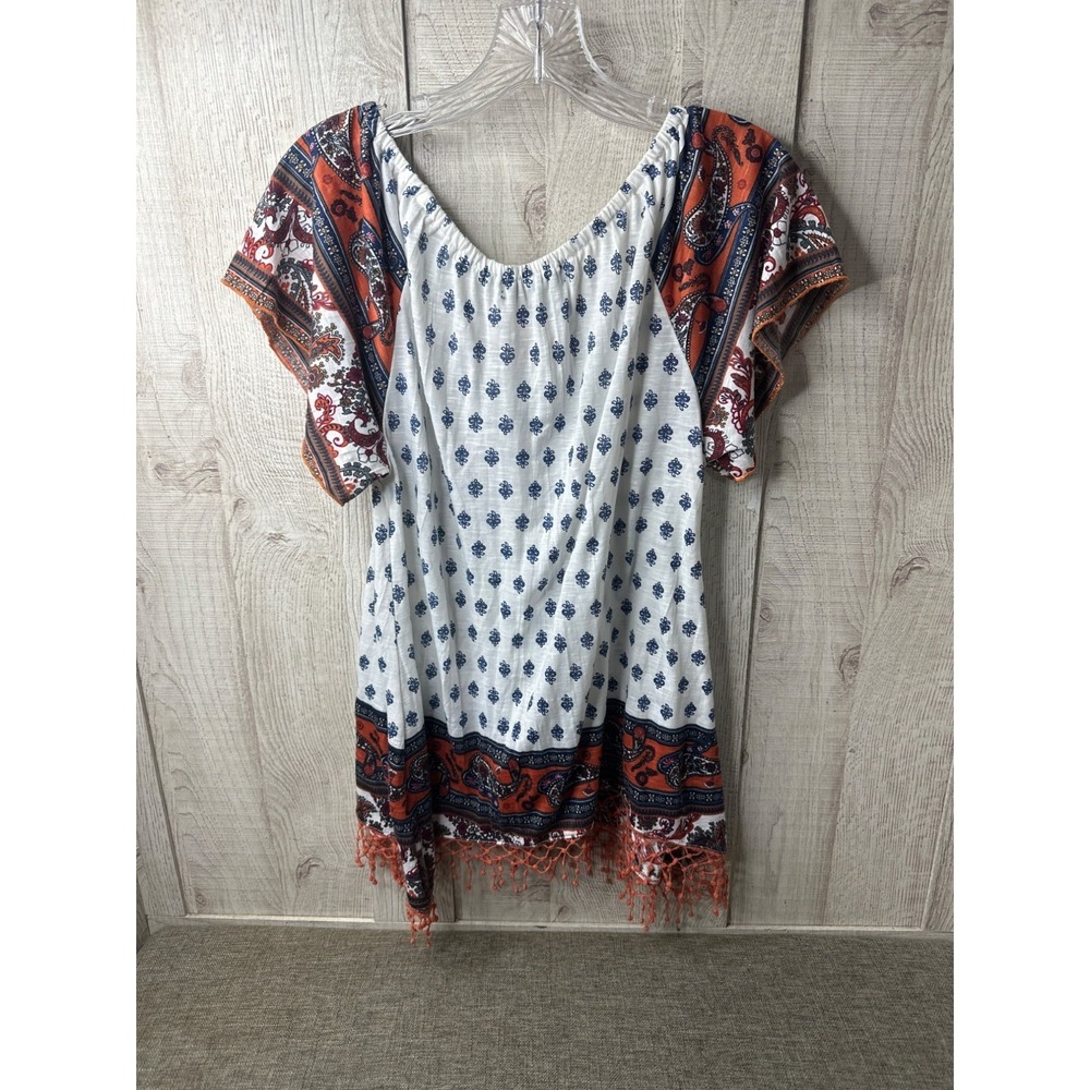 Absolutely Famous Womens Boho Peasant Top Orange Blue Paisley Fringe Size S - Picture 2 of 7